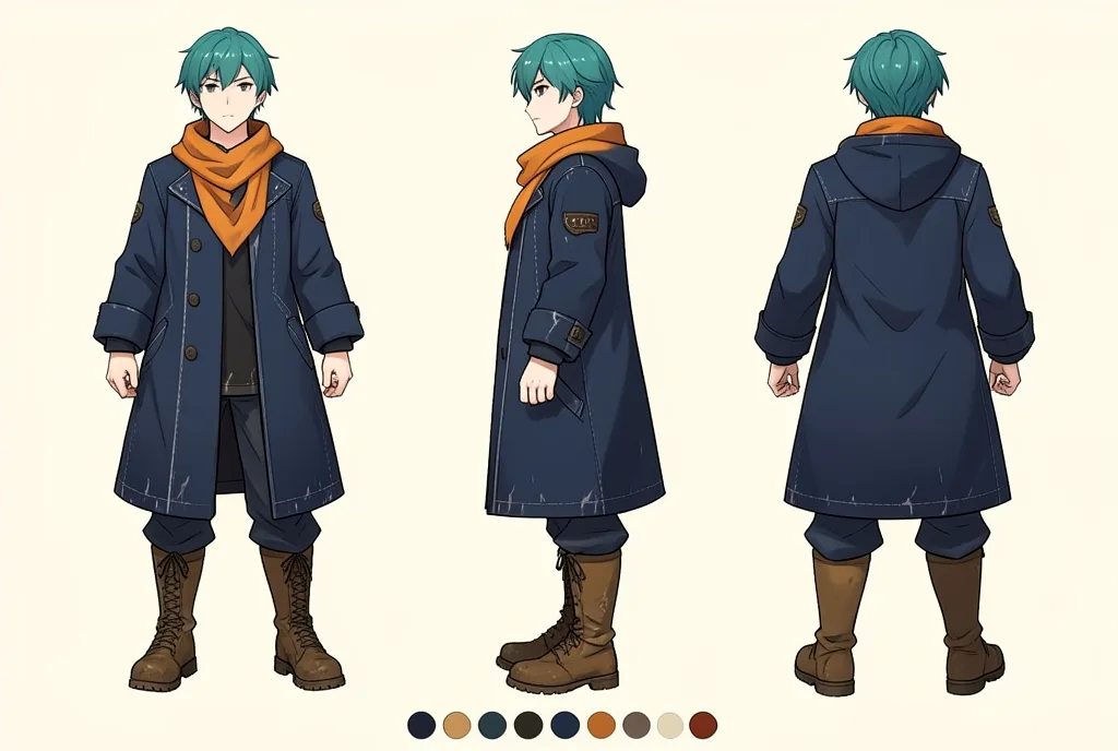 AIで作ったキャラクター設計シートの作例。同じキャラクターを正面・横・後ろから描き分けている